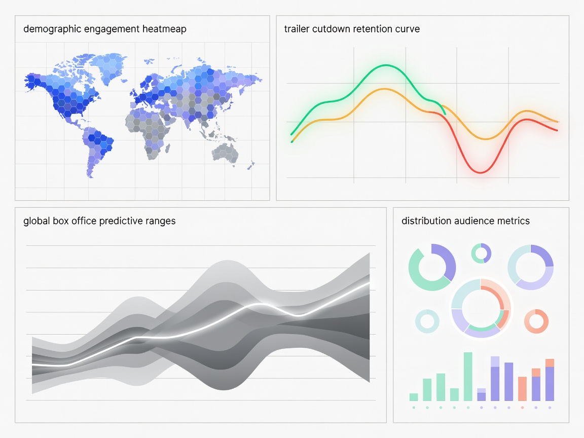 Distribution analytics dashboard displaying demographic engagement heatmaps, trailer cutdown retention curves, and global box office predictive ranges