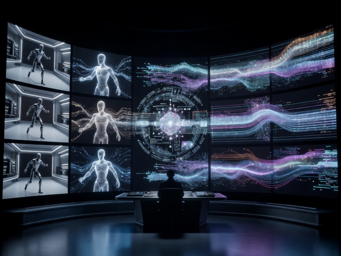 Futuristic cinematic production workflow showing digital camera feeds, neural wireframes, and post-production timelines
