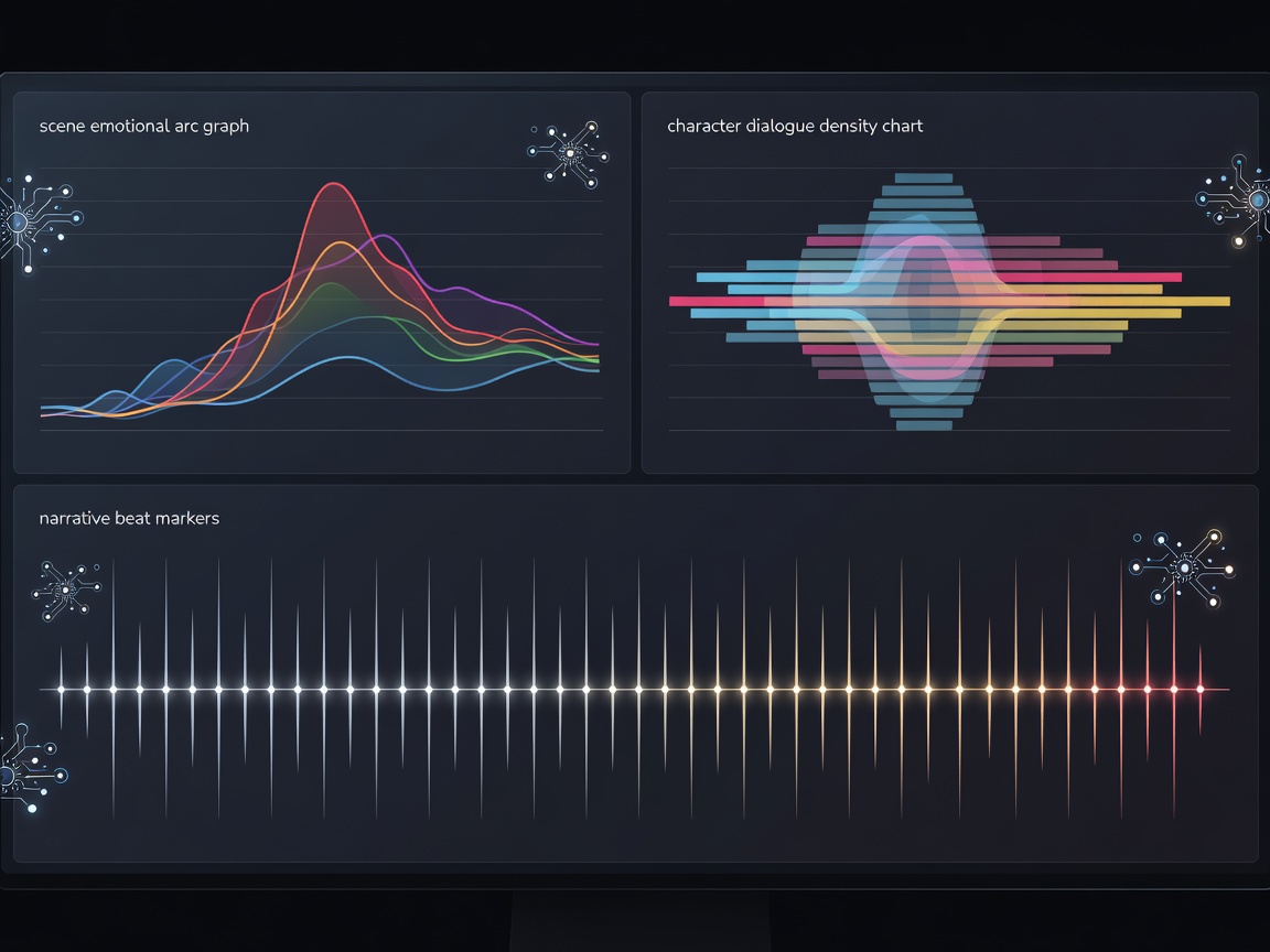 Digital screenplay interface showing scene emotional arc graphs, character dialogue density charts, and narrative beat markers