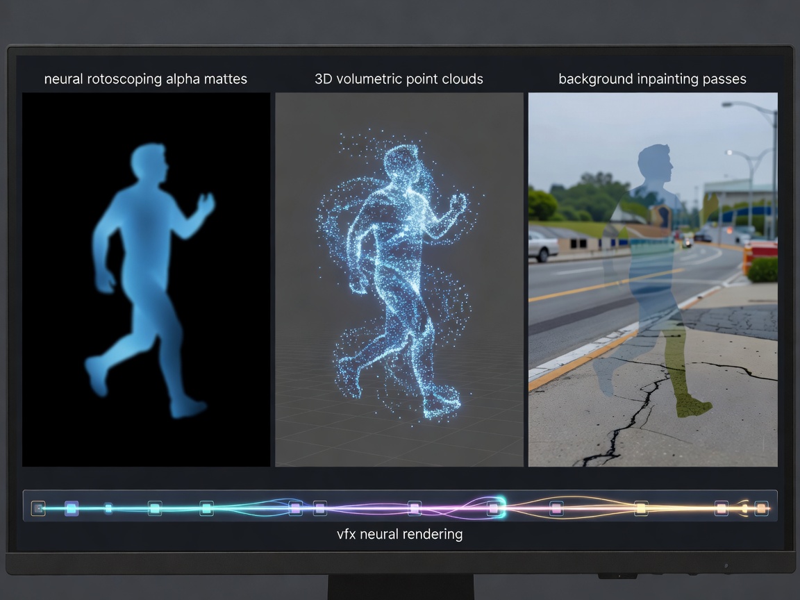 Visual effects breakdown display showing neural rotoscoping alpha mattes, 3D volumetric point clouds, and background inpainting passes