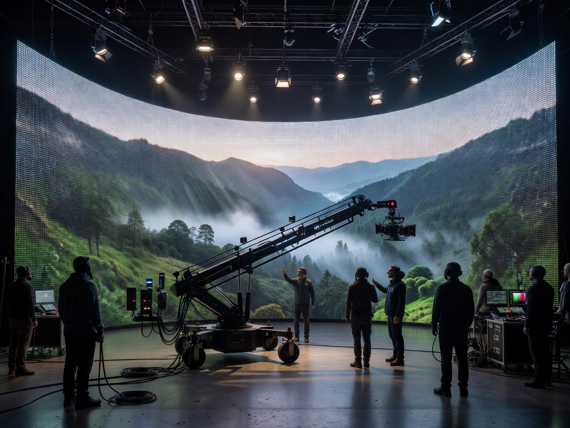 Film production soundstage with massive curved LED volume display, camera crane with tracking sensors, and live rendered digital environments