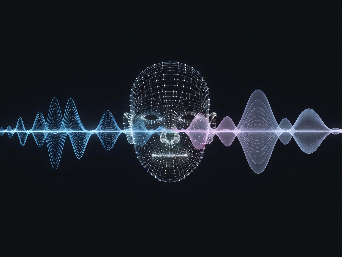 Acoustic waveform analysis and face-tracking neural mesh illustrating multi-lingual voice translation and lip synchronisation